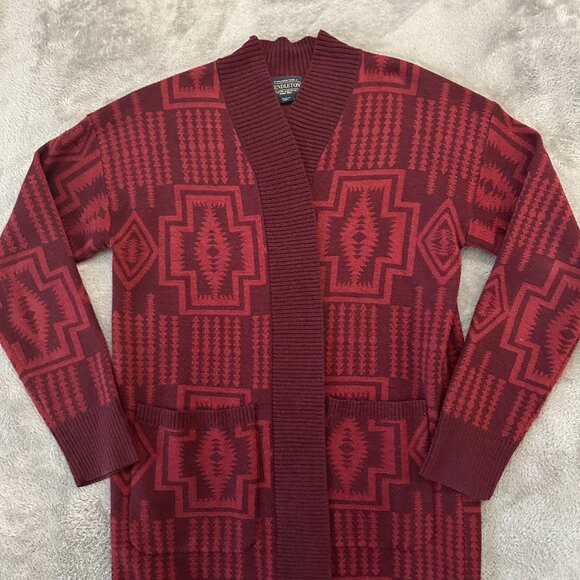 Pendleton Wool Blend Burgundy Aztec Print Long Sweater Cardigan Women's SMALL - Picture 2 of 6